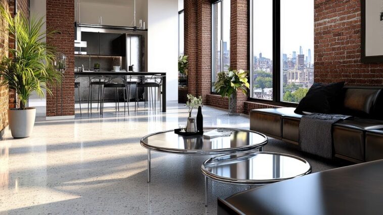 Open-concept apartment with polished concrete floors, modern furnishings, and floor-to-ceiling windows