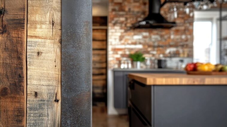 Detail of a kitchen showing exposed wooden and metal elements with brick walls in the background