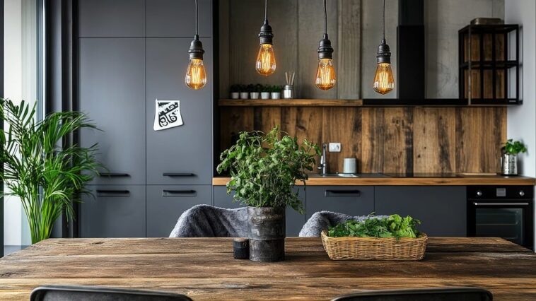 Modern kitchen with hanging industrial-style light bulbs, wood backsplash, and matte cabinetry
