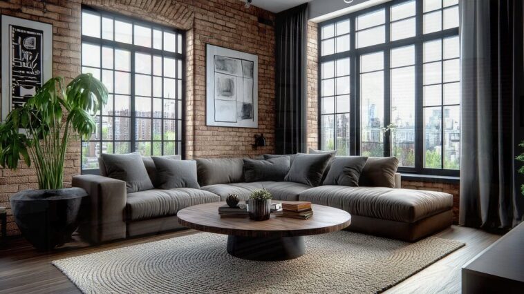 Spacious living room with large steel-framed windows and a cityscape view