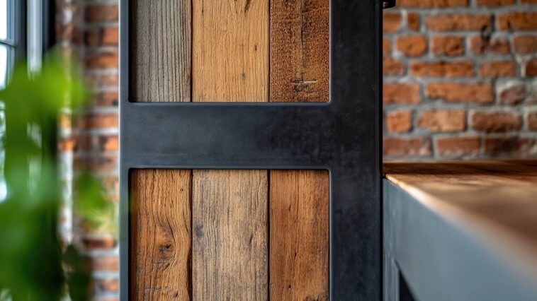Close-up of reclaimed wood panels with a black metal frame, highlighting a rustic-modern interior detail