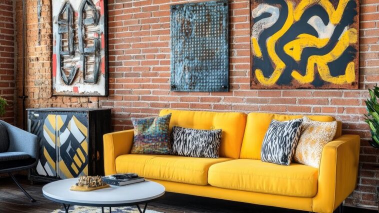 Living room with thin exposed brick walls, a bright yellow sofa, and bold modern artwork