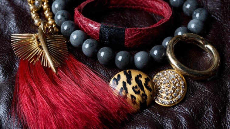 Close-up of bold fashion accessories including beads, gold pieces, and red tassels