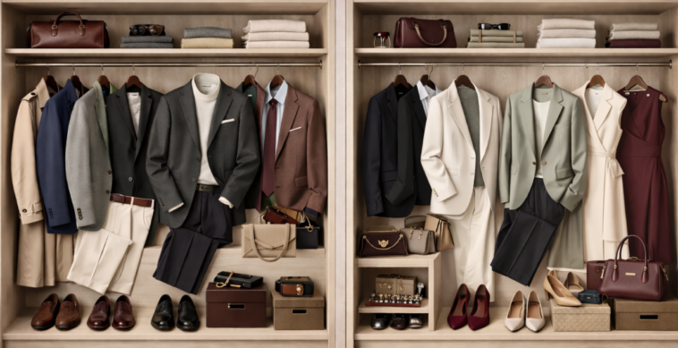 Two side-by-side wardrobes displaying neutral-toned men’s and women’s outfits, including navy, olive, beige, off-white, and burgundy pieces