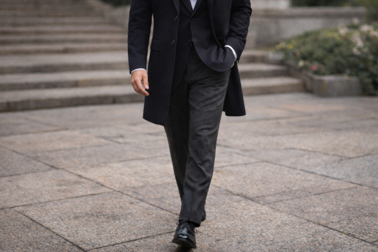 Man wearing a tailored navy overcoat and gray trousers walking on a stone pathway, showcasing balanced clothing proportions with visible shirt cuffs and well-aligned trousers and shoes
