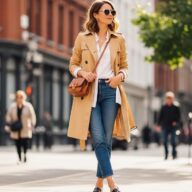 Woman wearing a beige trench coat, white shirt, and blue jeans