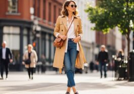 Woman wearing a beige trench coat, white shirt, and blue jeans