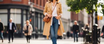 Woman wearing a beige trench coat, white shirt, and blue jeans