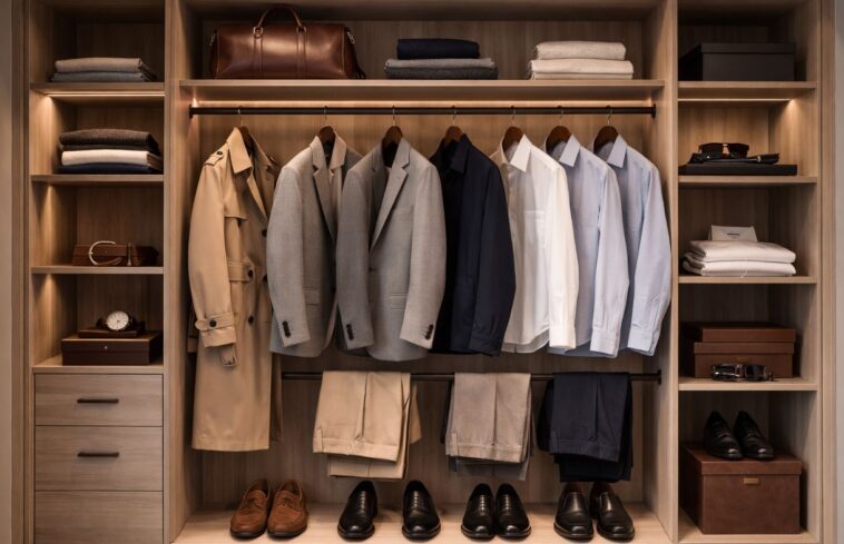 Modern wooden wardrobe neatly organized with classic men’s clothing including a beige trench coat, gray blazer, navy jacket, light dress shirts, folded trousers, leather shoes, and accessories